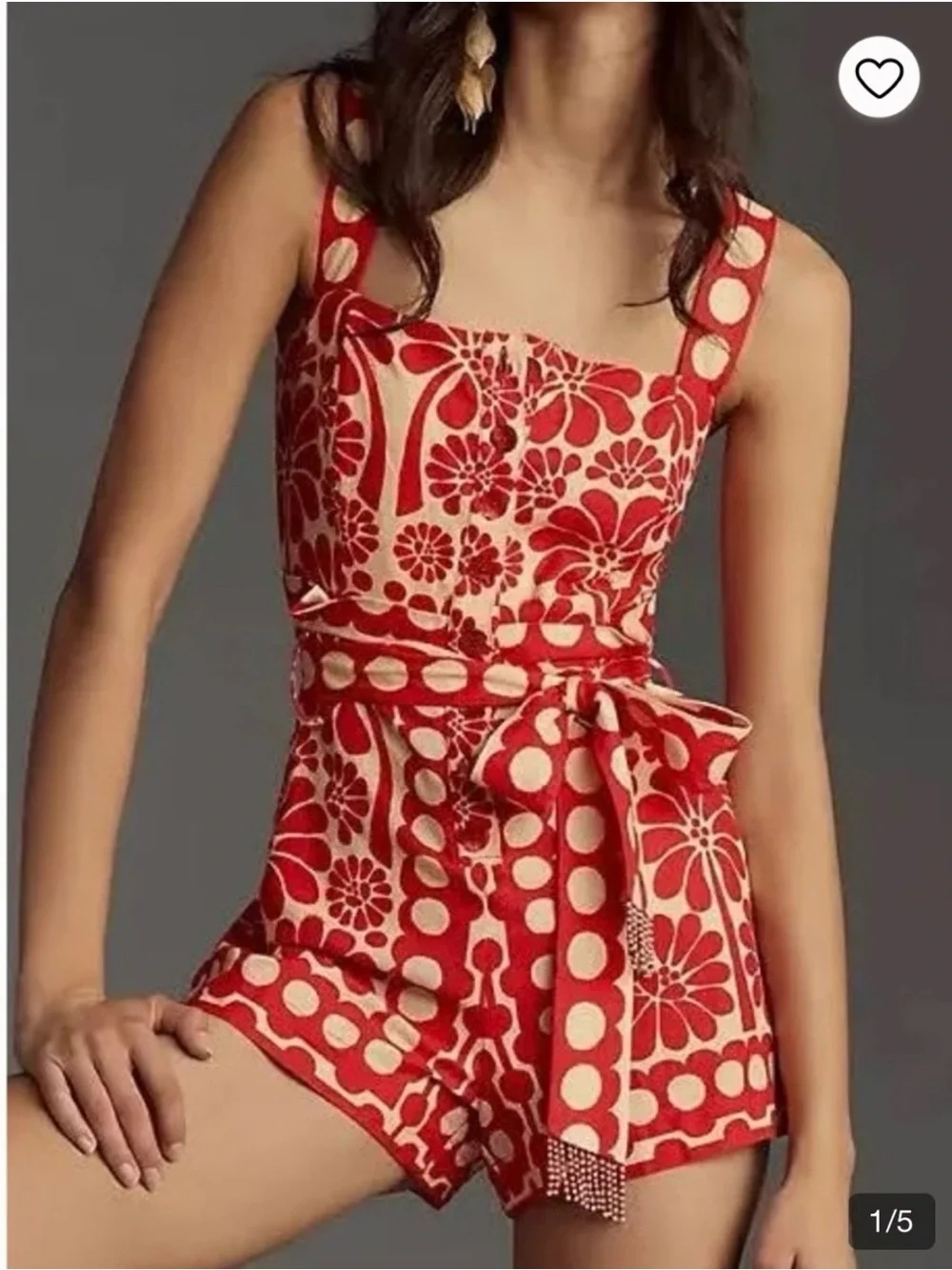 FARM Rio Red and Cream Floral & Dot Print Belted Romper - Picture 1 of 8